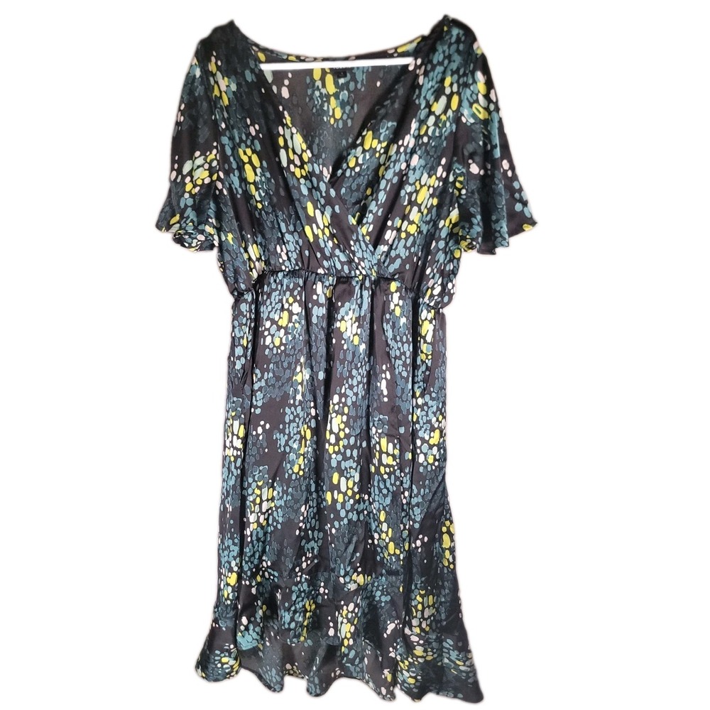 Torrid Dress 1 1X Faux Wrap Flutter Sleeve Midi Abstract Dot Ruffle Teal Black